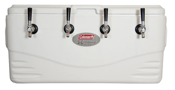 A draft beer Jockey Box configured in a white Coleman cooler with 4 taps